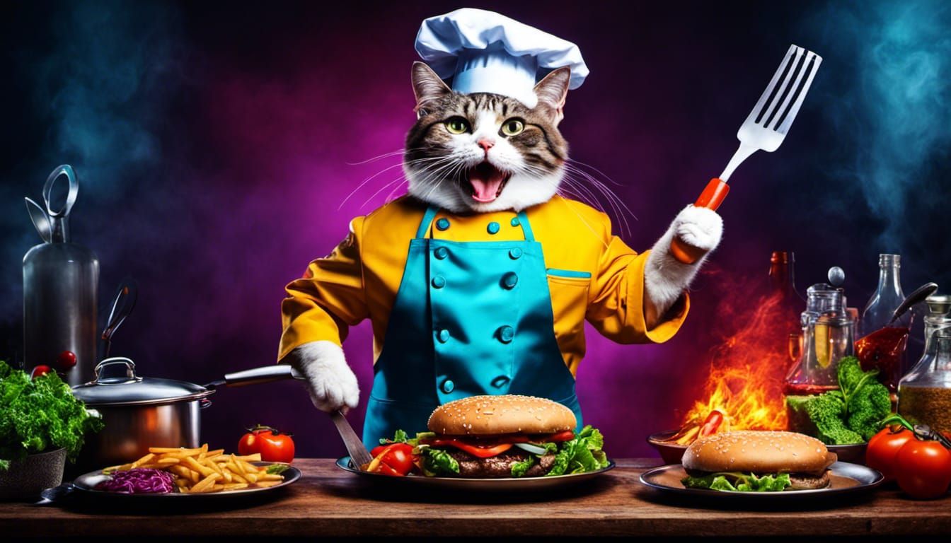 Anthropomorphic Cat Chef Cooking Burgers