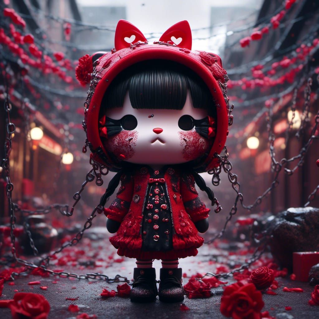 Goth Hello Kitty with Chains in Detailed Matte Painting