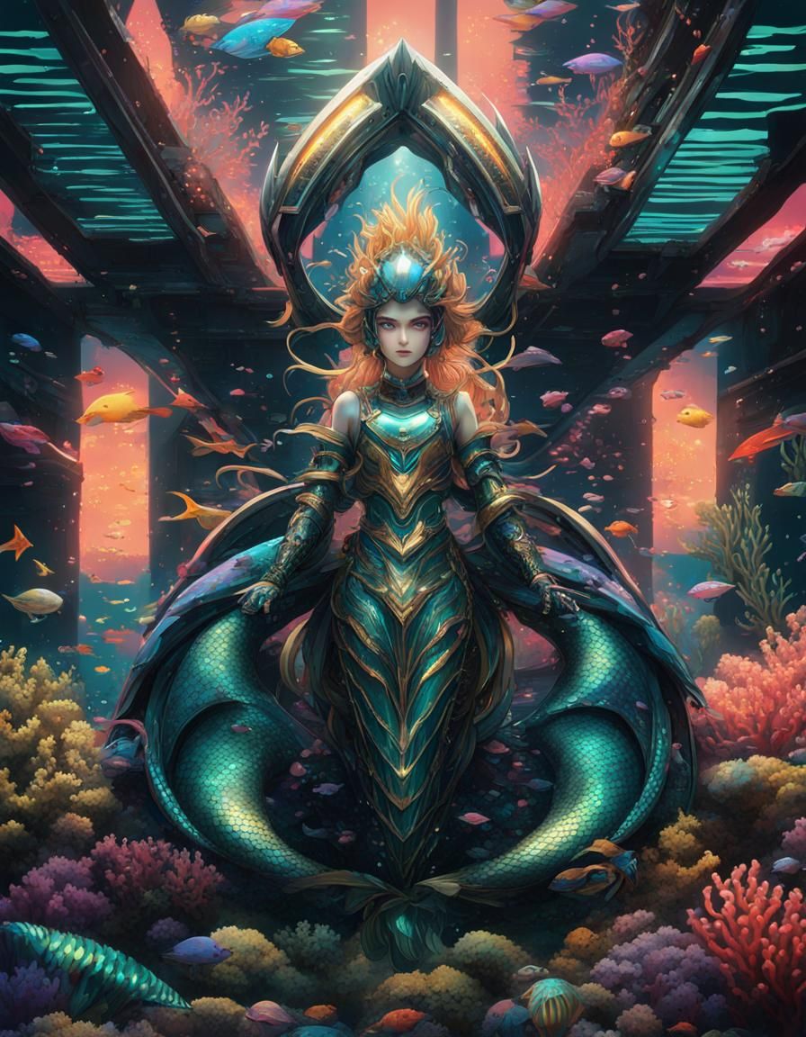 Robot Mermaid in Coral Reef: Anime Style