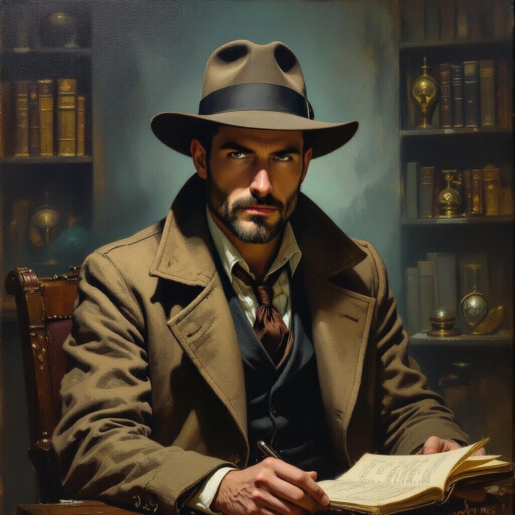 Lovecraftian Archaeologist in 1920s Study - Oil Painting