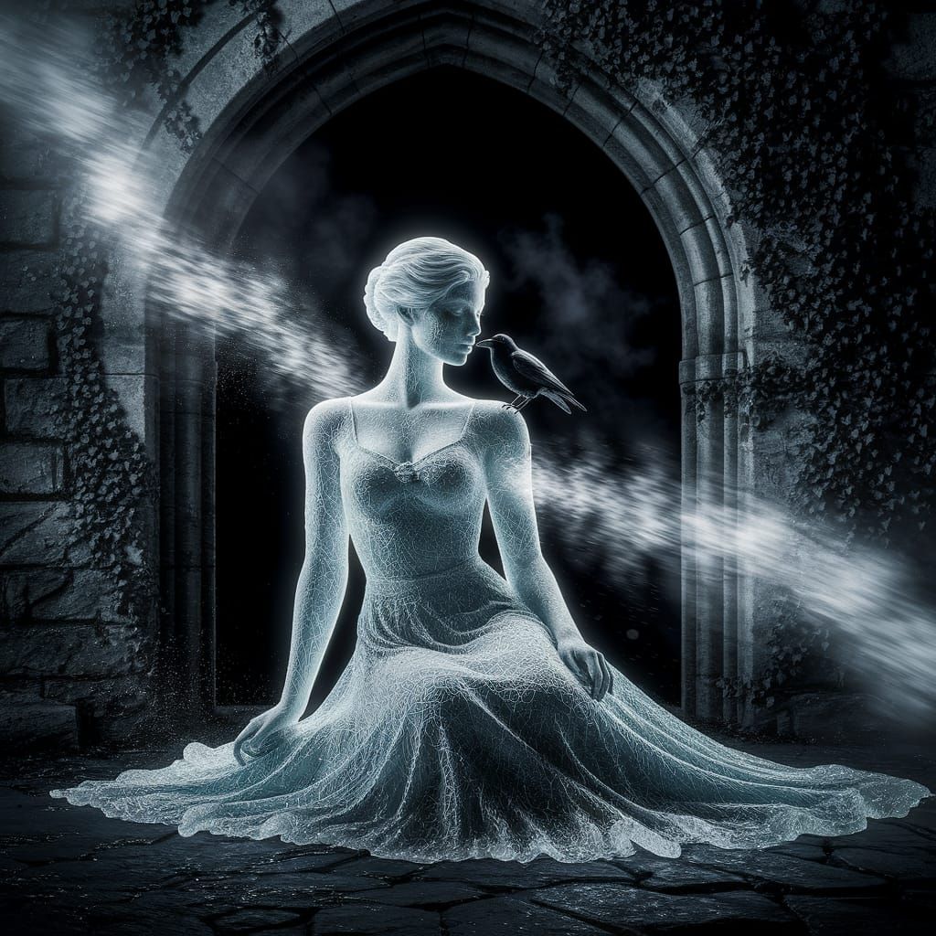 Medieval Ice Lady With Raven in Chiaroscuro Night Light