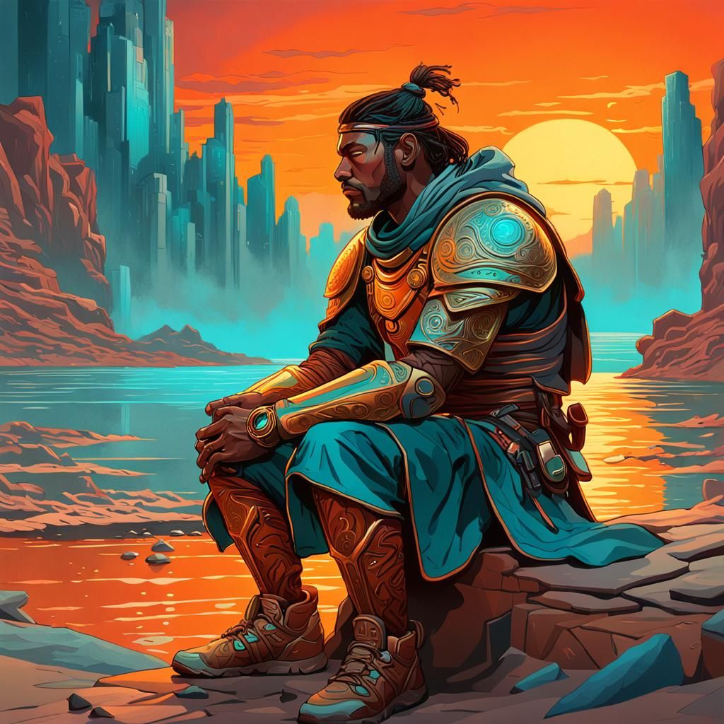 Weary Warrior in Sunset: Fantasy Art