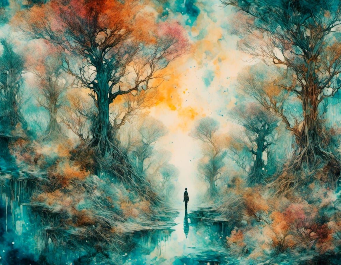 Dreamscape Crossroads: Surreal Watercolor and Ink Painting