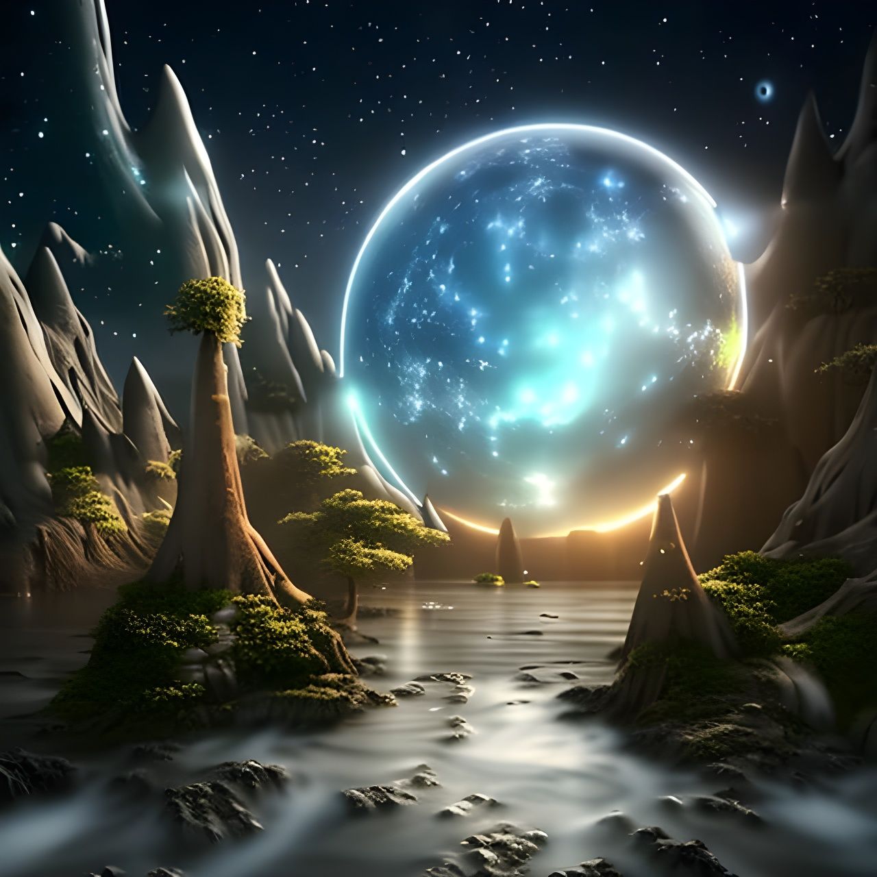 Crystal Rose and Glitter Tree: A Digital Art Fantasy