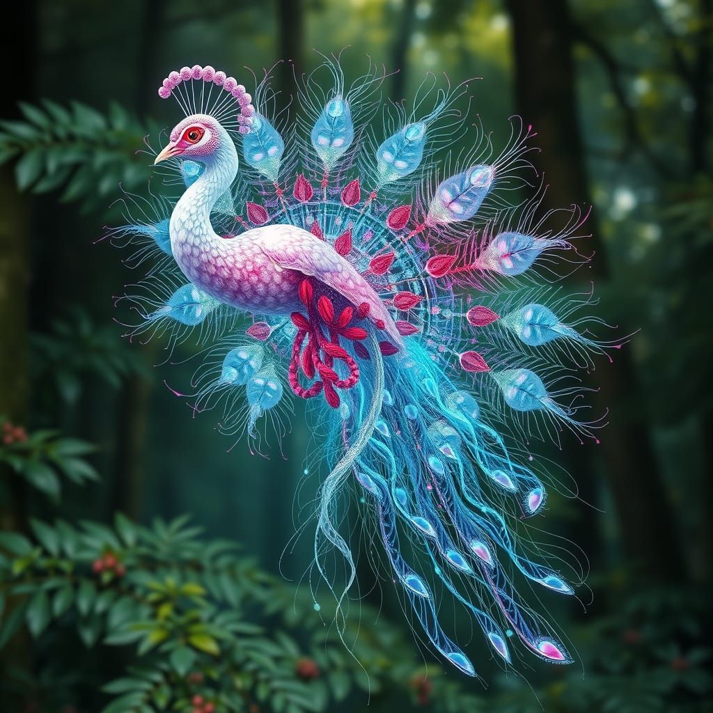 Celestial Peacock Jellyfish Emerges from a Lush Forest in Vi...