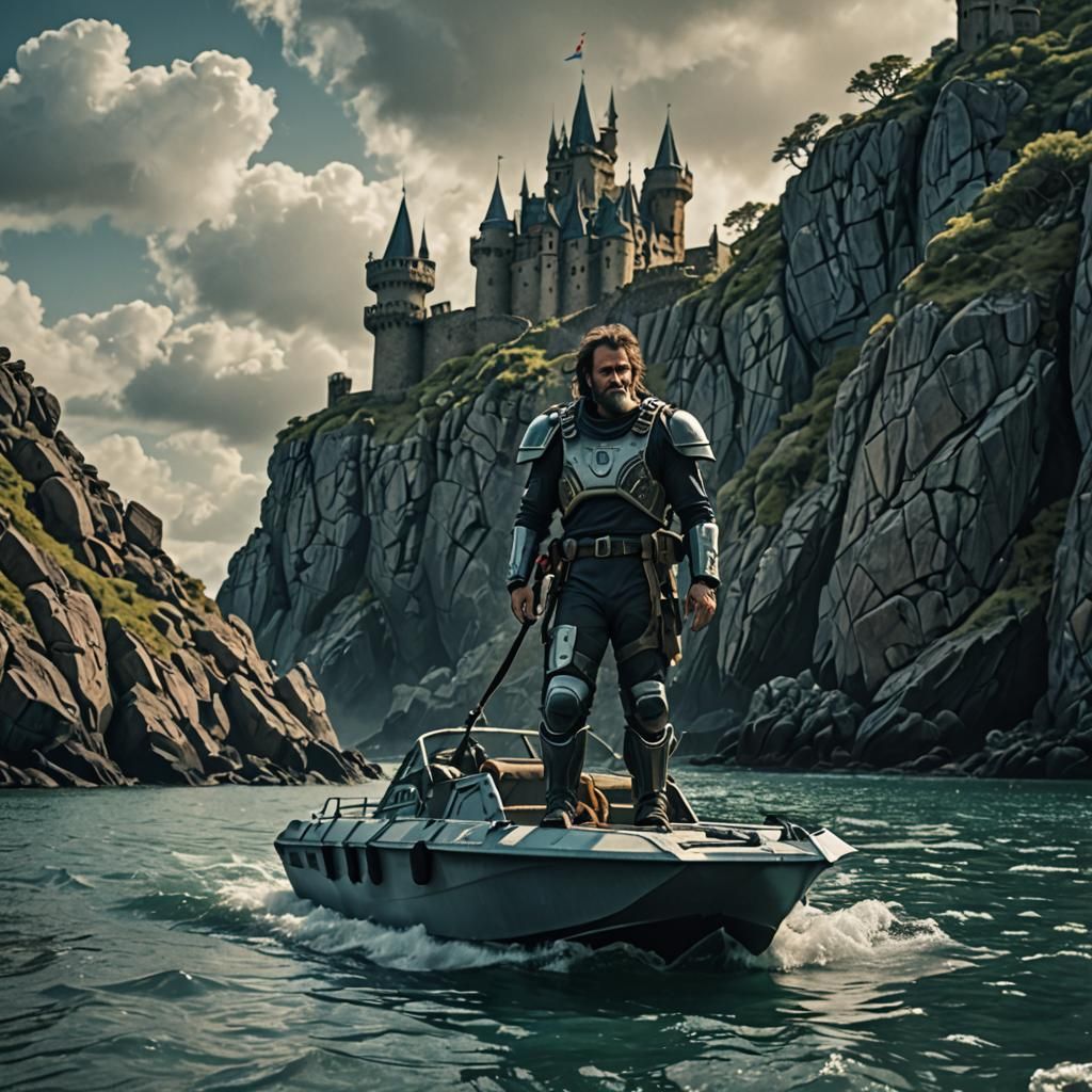 Futuristic Castle on Rocky Island: Cinematic Film Still
