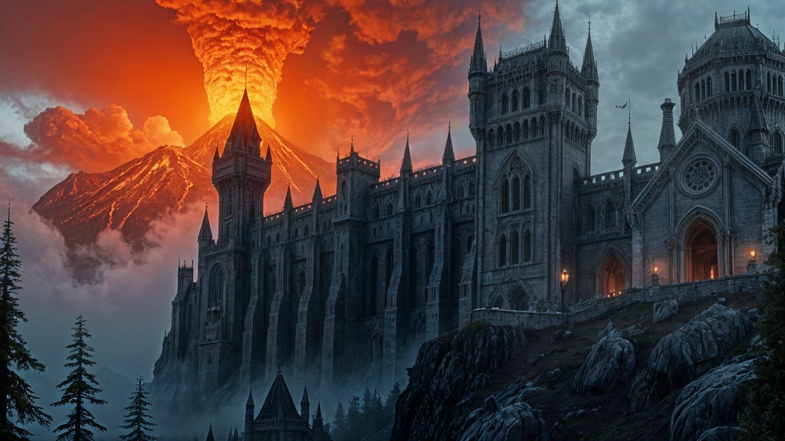 Gothic Castle Under Volcano in Photorealistic Detail