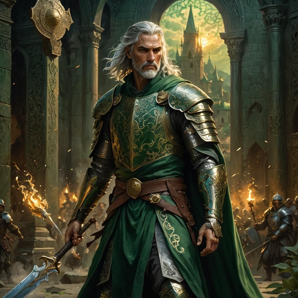 Armored Hero Wielding Mace in Mystic Realism Style