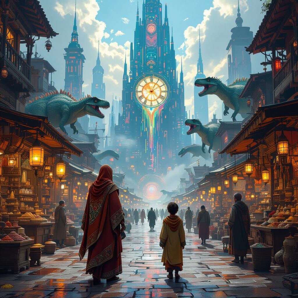 Surreal Marketplace Encounter with Futuristic Skyline