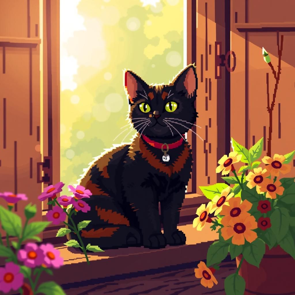 Pixelated Tortoiseshell Cat on Windowsill