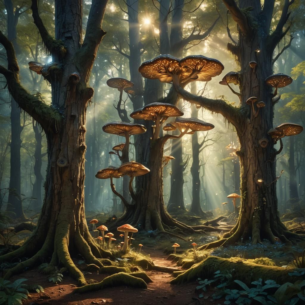 Mystical Forest with Glowing Light, Detailed Matte Painting