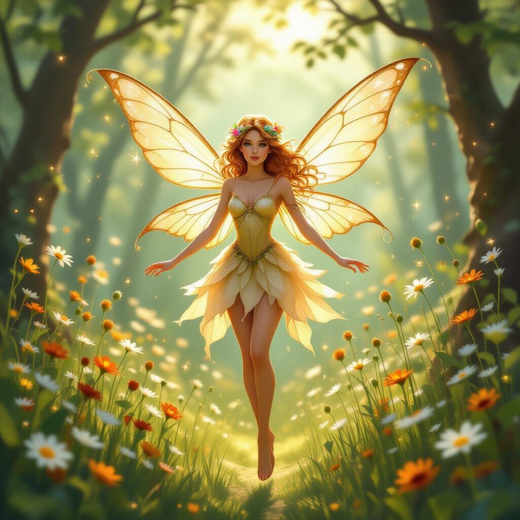 Golden Honey Fairy in Sun-Dappled Forest Glade