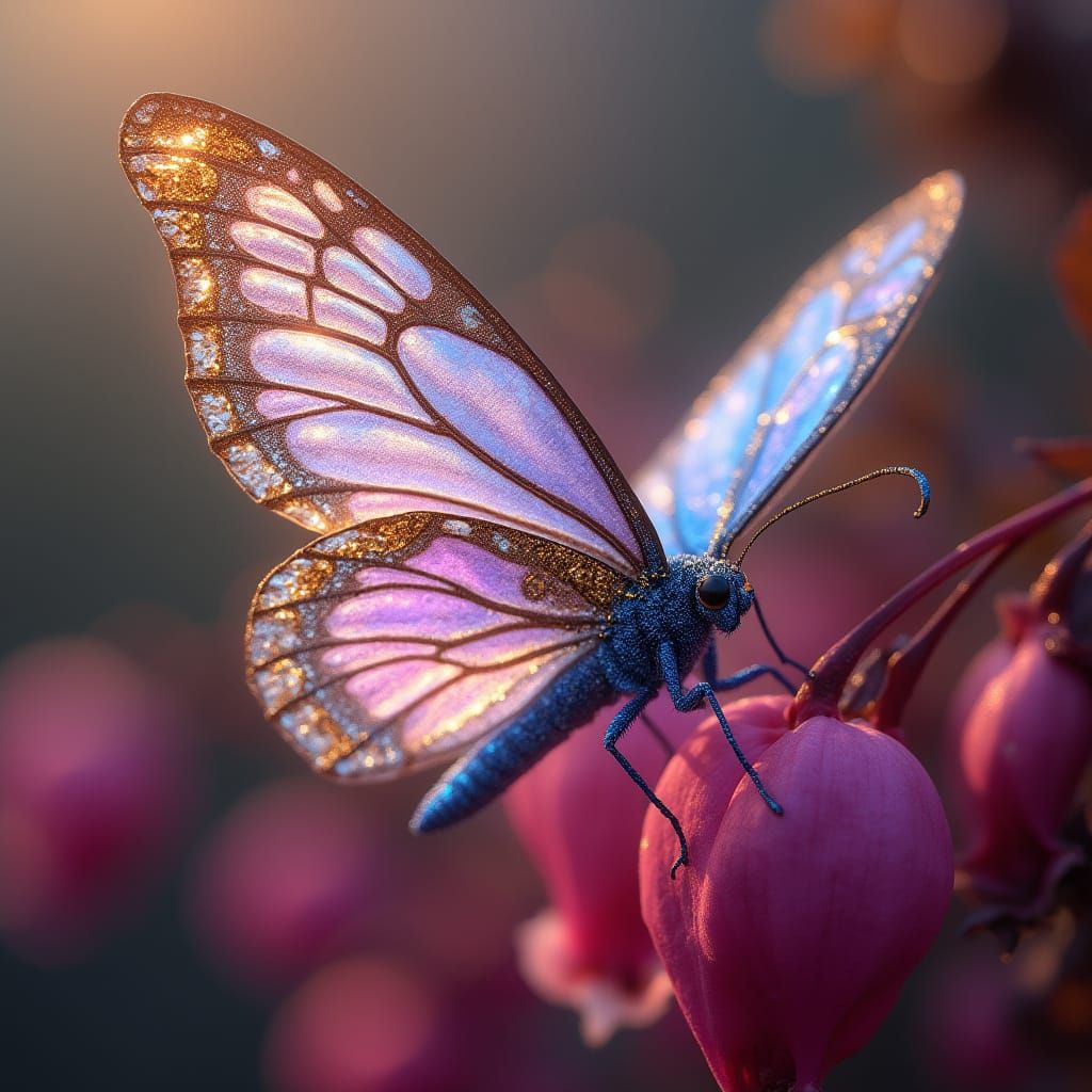 Ethereal Butterfly in Lavender Hues with Golden Filigree