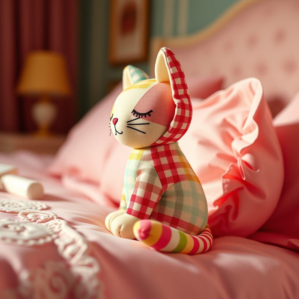 Whimsical Gingham Print Cat Plushie in Soft Pastel Hues