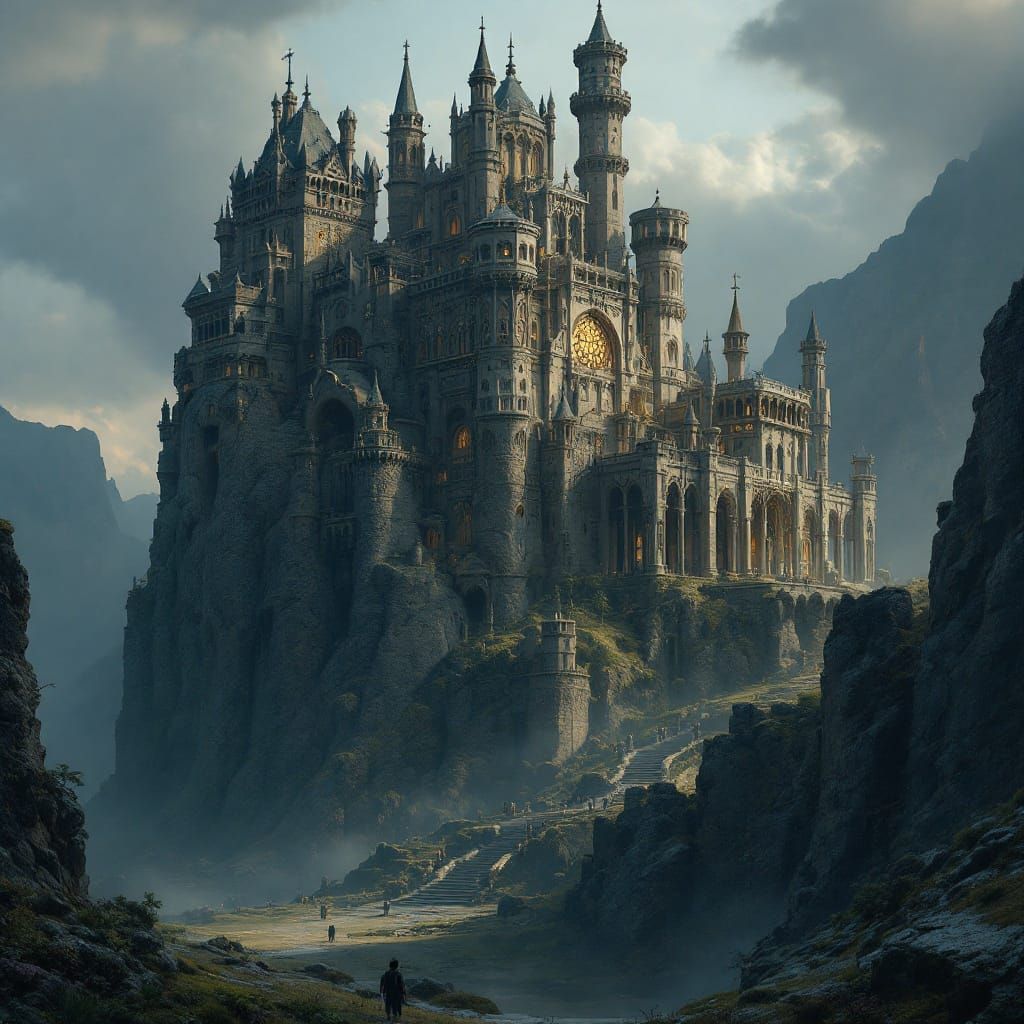 Majestic Castle on a Giant Statue at Dusk