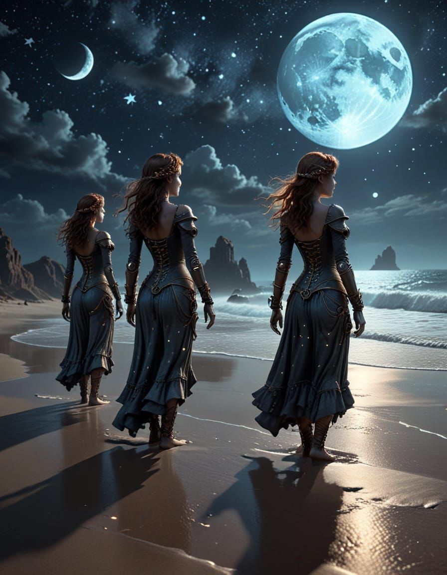 Steampunk Ghostly Figures on Beach at Night