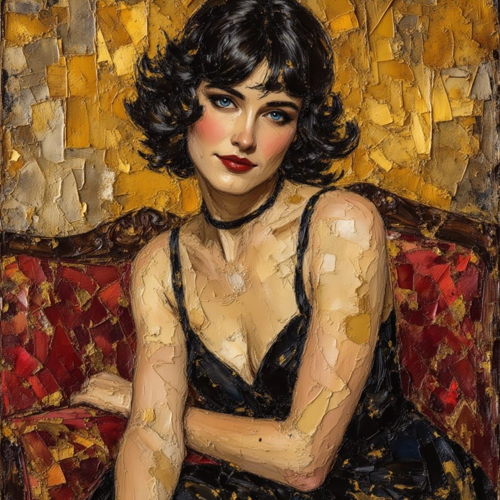 Flapper Portrait in Art Deco Style as Impasto Oil Painting