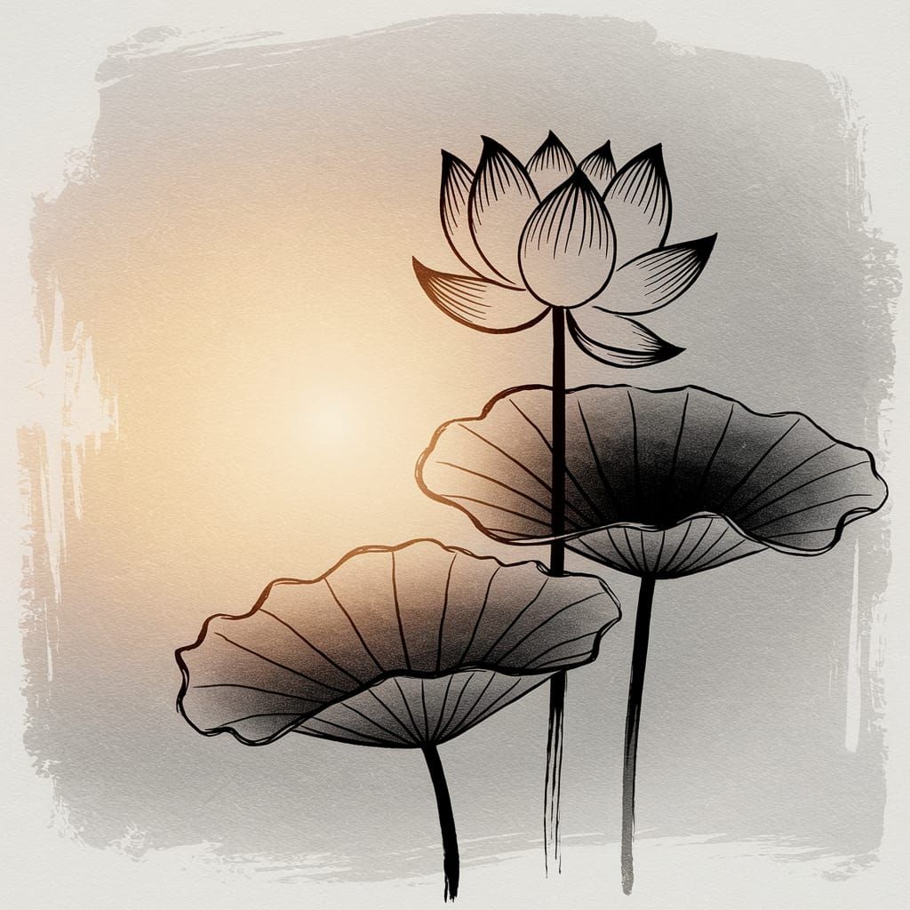 A minimalist black-ink depiction of a lotus in full bloom, created in traditional Japanese Sumi-e style, with soft brush...