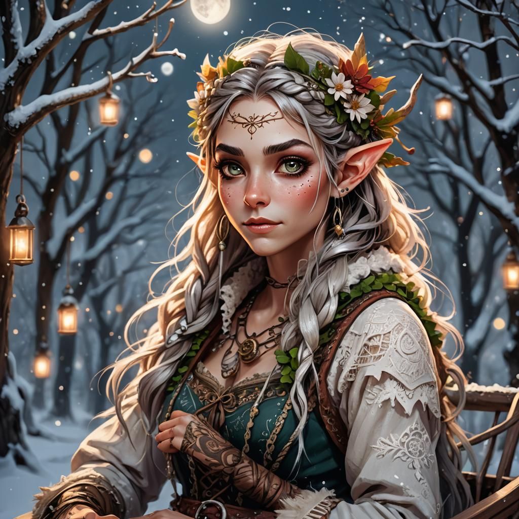 Festive Wood Elf Girl Portrait in Digital Painting Style