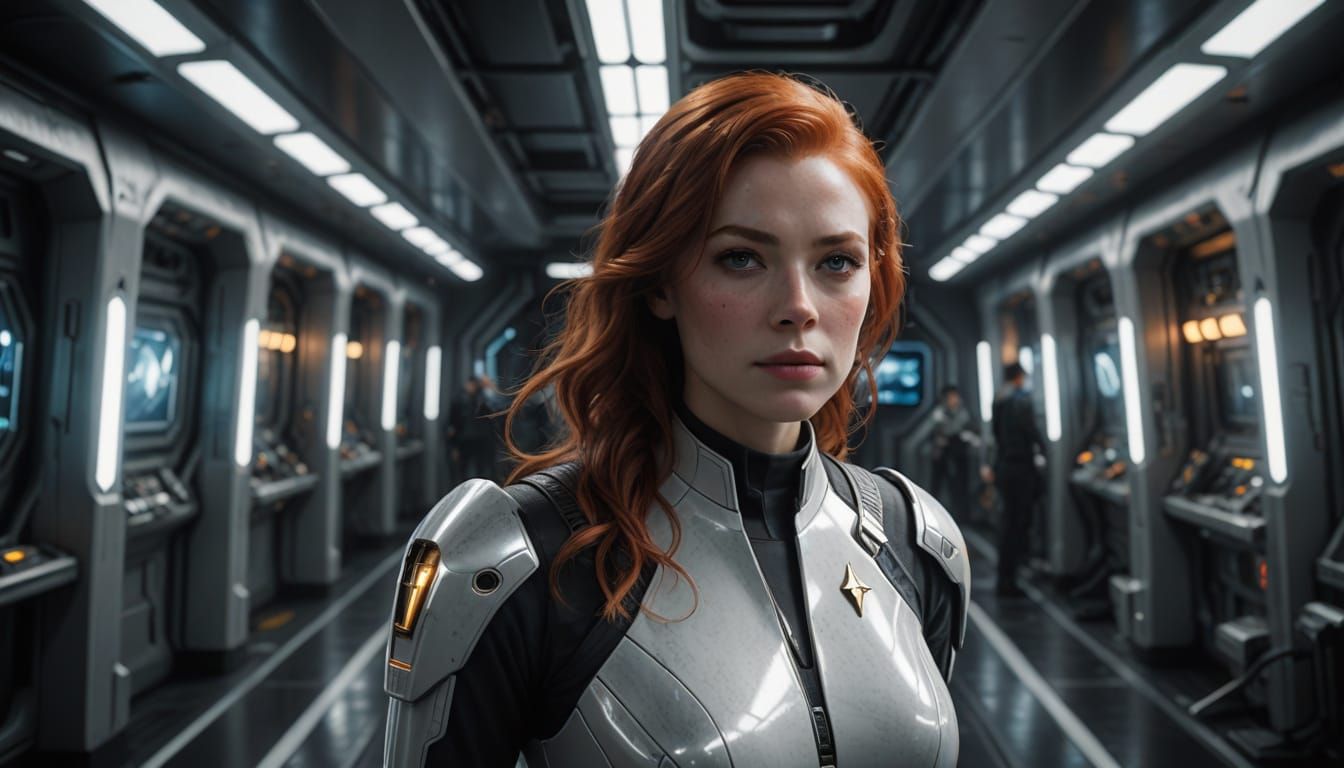 Redhead Starfleet Officer in Sci-Fi Corridor