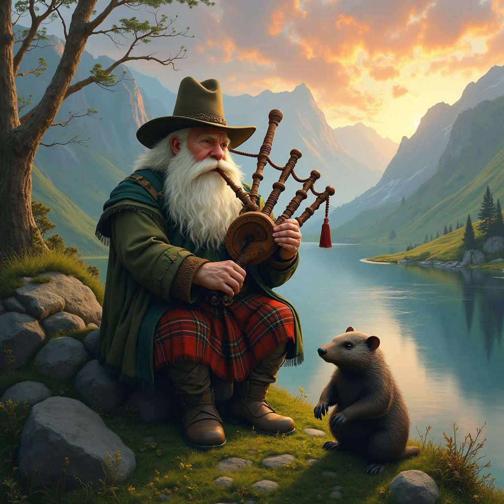 Hobbit Musician in Scottish Highlands, Digital Matte Paintin...