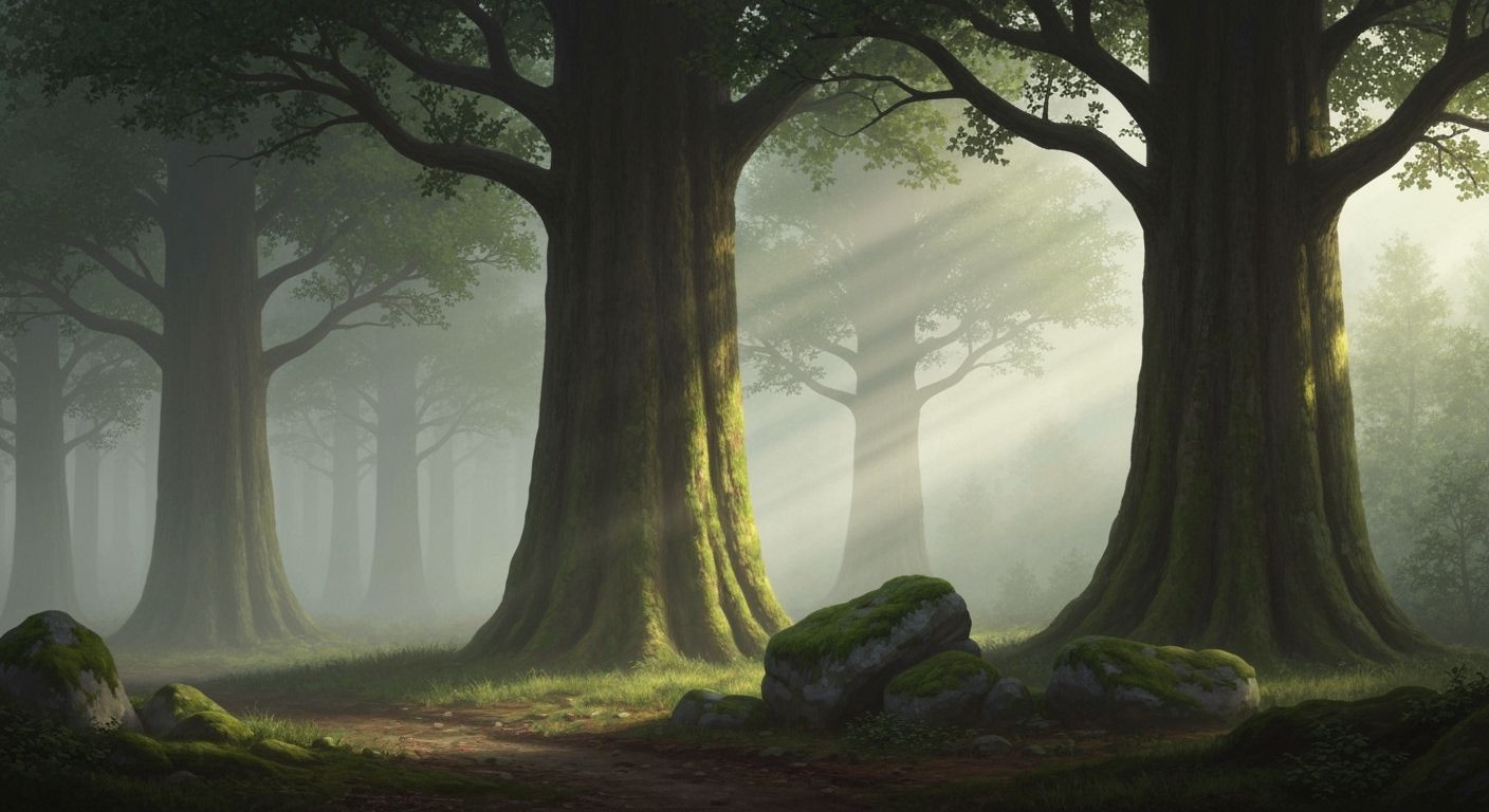 Misty Forest Sentinels: Ancient Trees in Fog