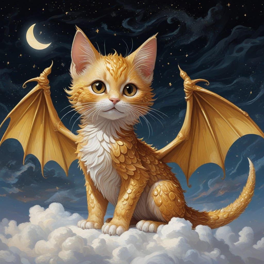 Dragon Kitten Soars Through the Starry Night