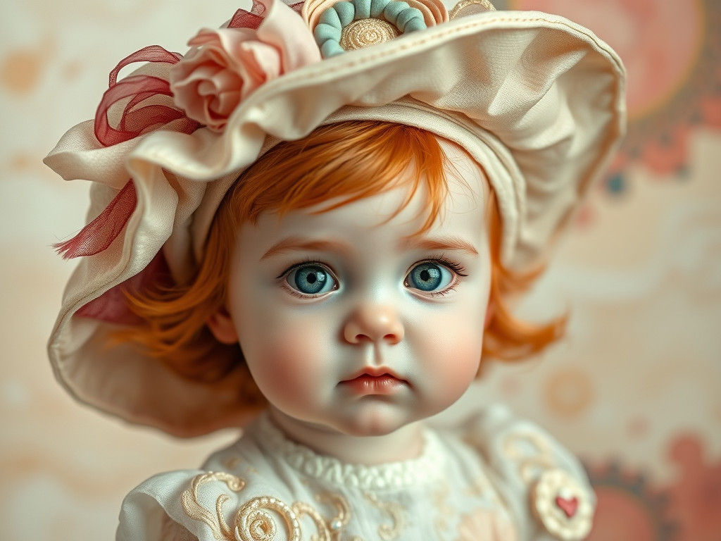 Baby in Intricate Hat with Abstract Background