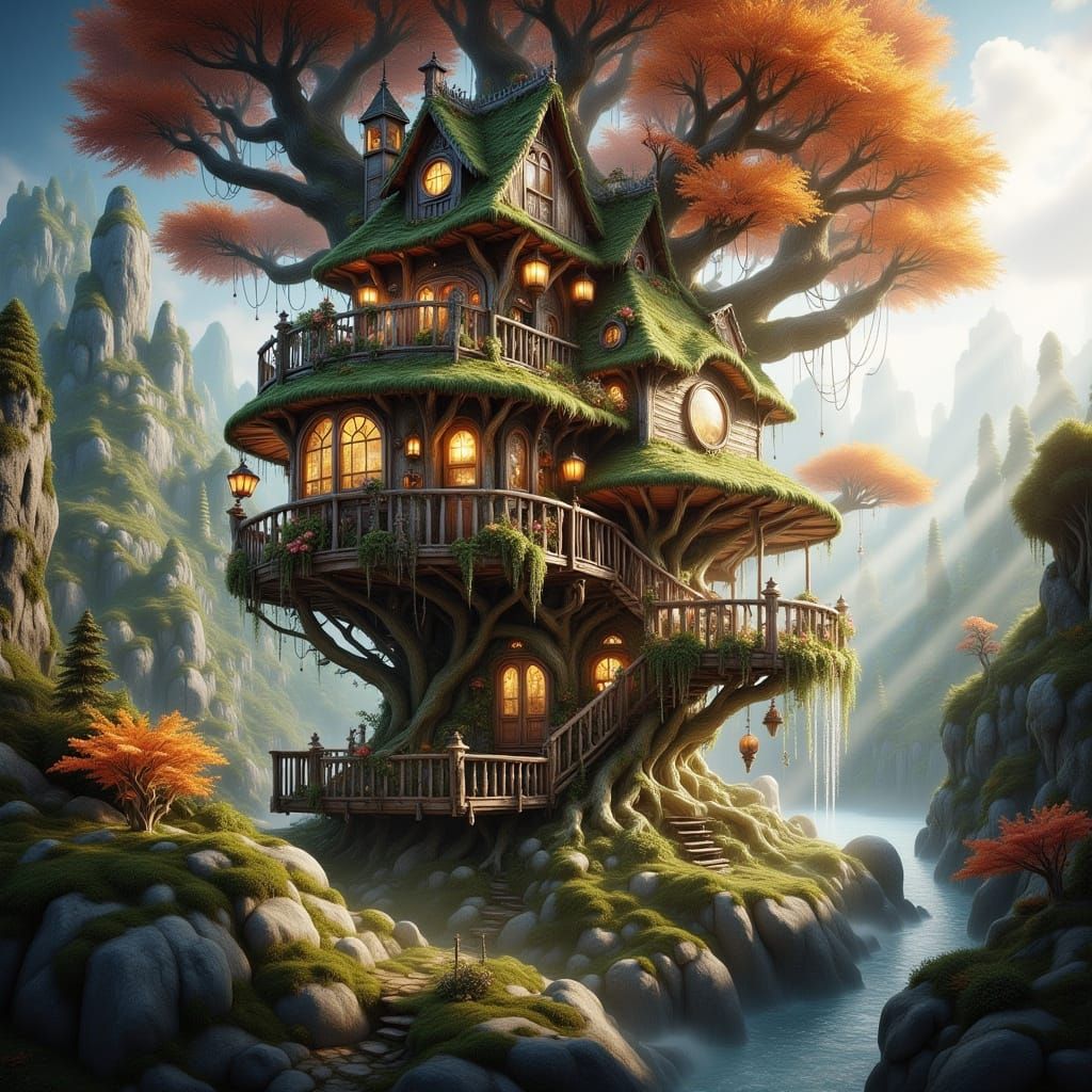 Cyberpunk Treehouse Village Skyline