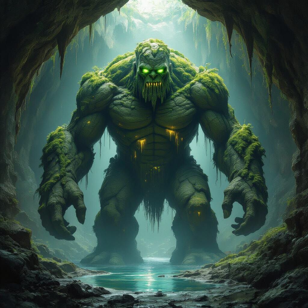 Ancient Stone Golem Awakens in Bioluminescent Cavern