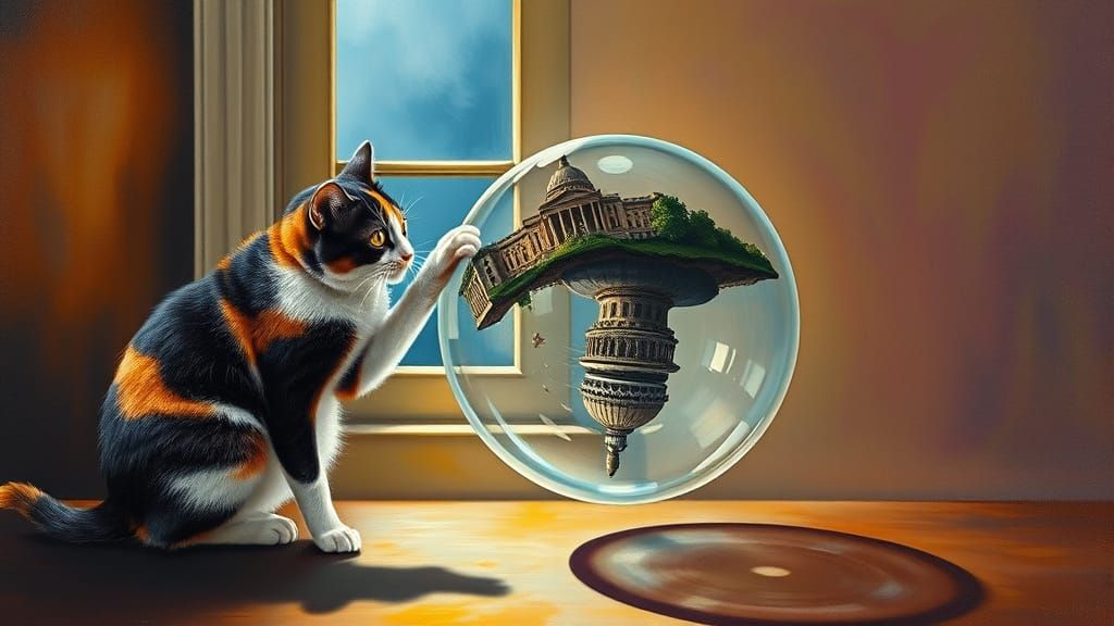 Calico Cat Pushes Globe with US Capitol Off Table