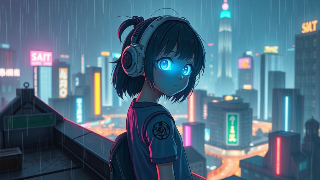 Android Schoolgirl in Cyberpunk City, Art Nouveau Style