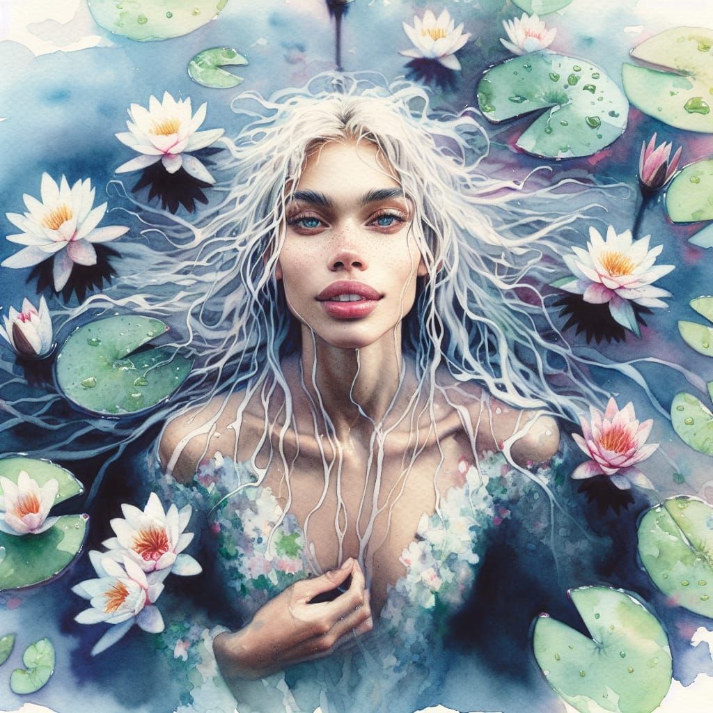 Dreamy Woman Emerging from Pond, Watercolor Painting