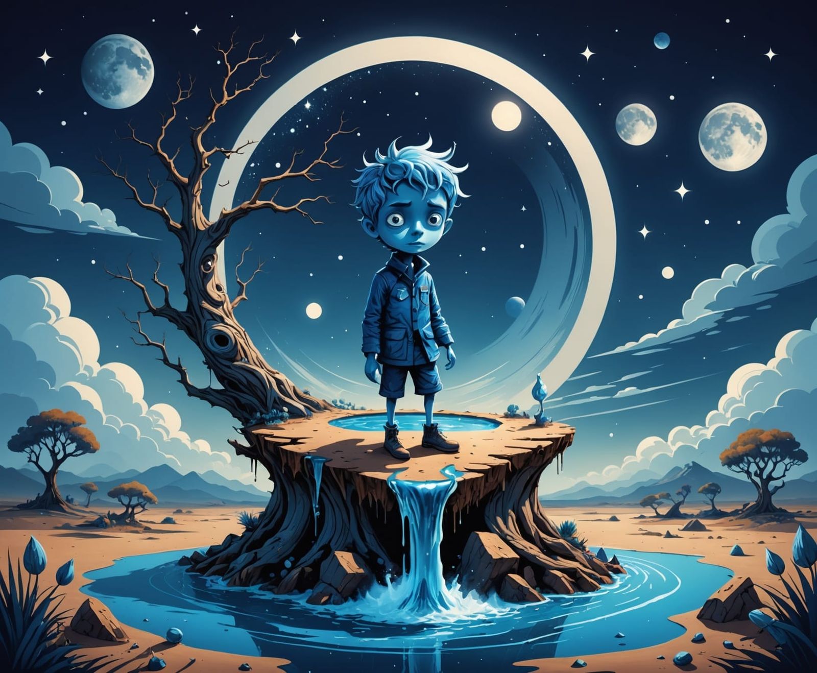 Surreal Weeping Willow with Blue Leaves and Silver Trunk