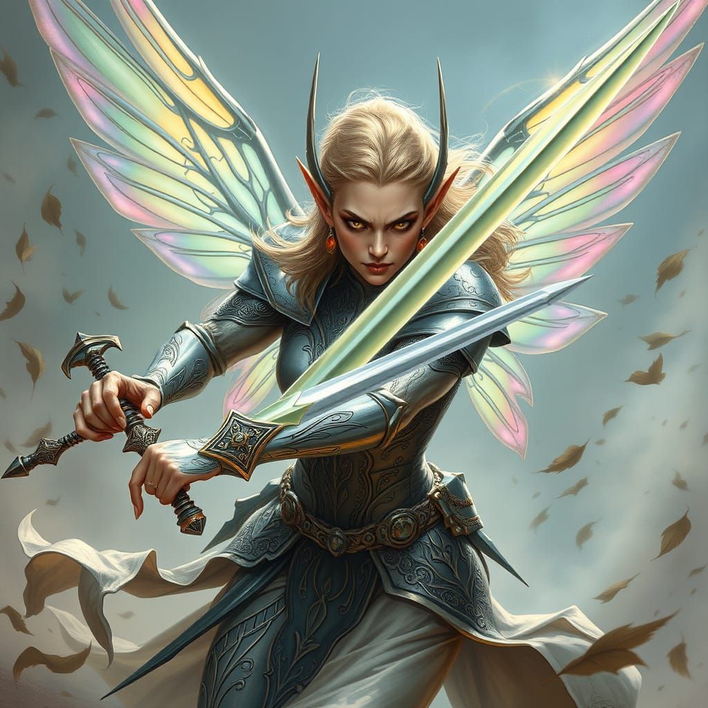 Ethereal Elf Queen Soars into Battle with Sword and Wings