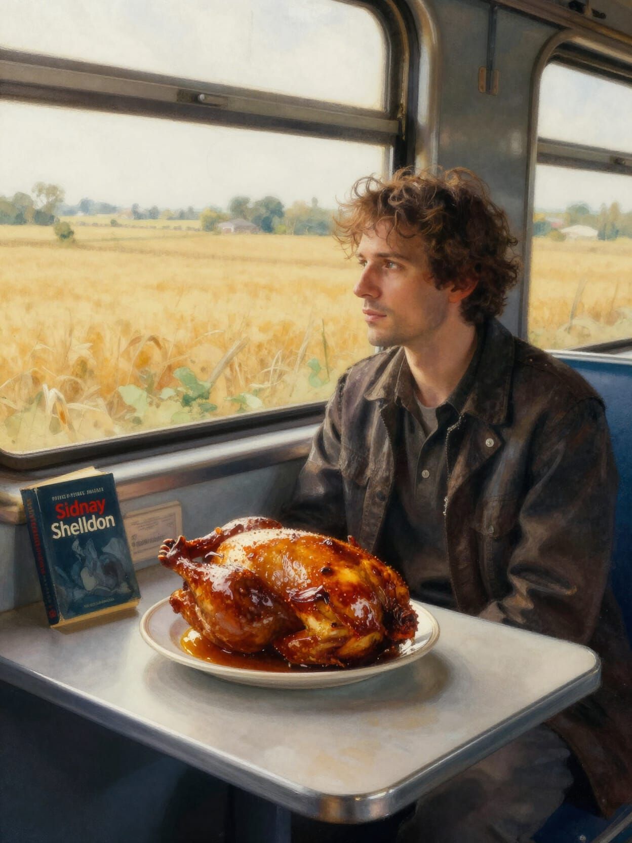 Train Journey Double Exposure: Sunlit Fields, Meal, and Book