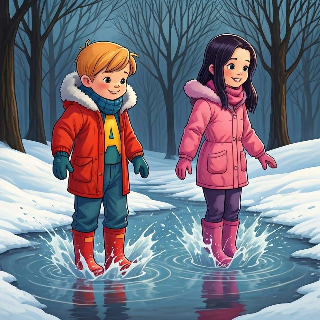Children Splashing in Spring Slush Puddles