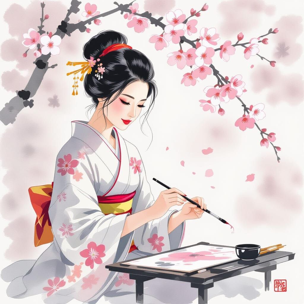 Serene Woman Practices Sumi-e Painting with Cherry Blossoms