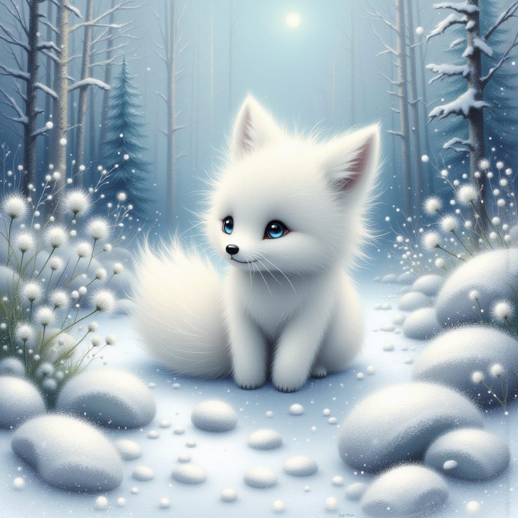 Arctic White Fox in Whimsical Digital Painting