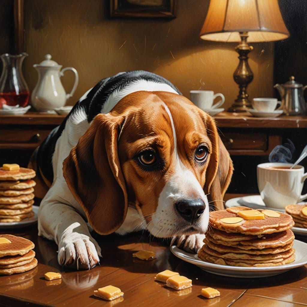 Surreal Beagle Stares Longingly at Fluffy Flapjacks