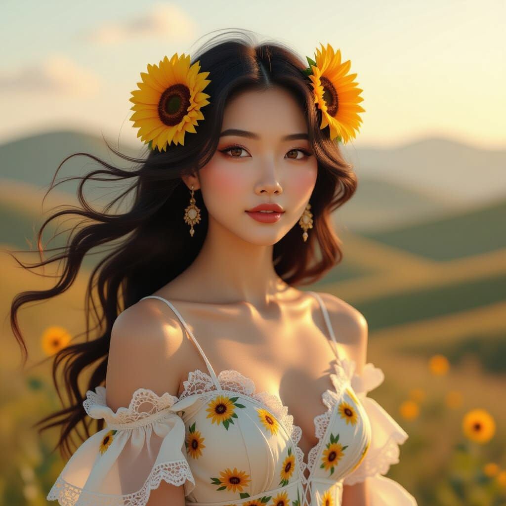 Art Nouveau Digital Art Fusion: Woman with Sunflowers