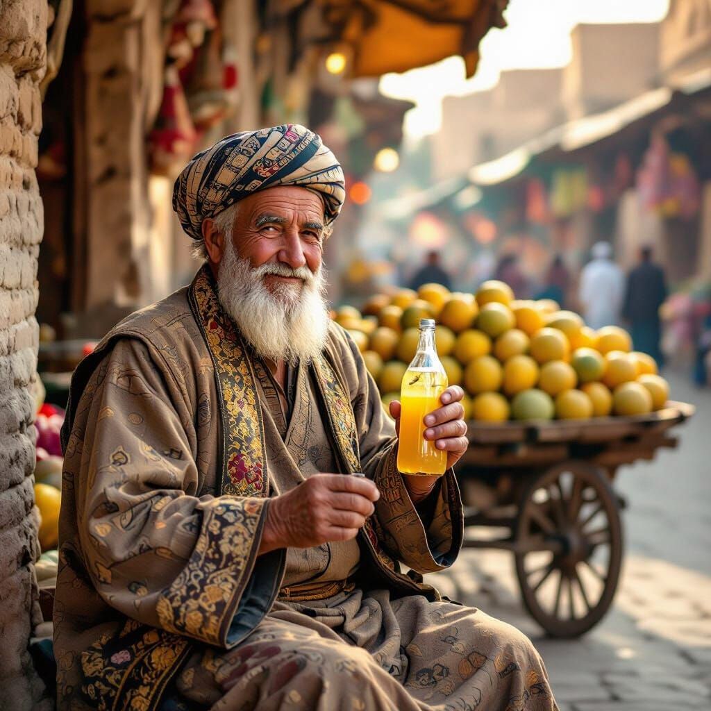 Elderly Uzbek Man in Traditional Attire with Lemonade