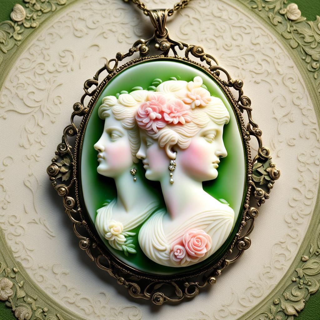 Vintage cameo pendant, pink green cream, two female faces, i...