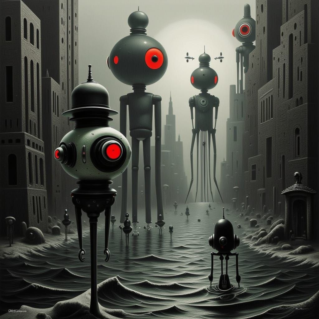 Robots Deporting People in Destroyed City