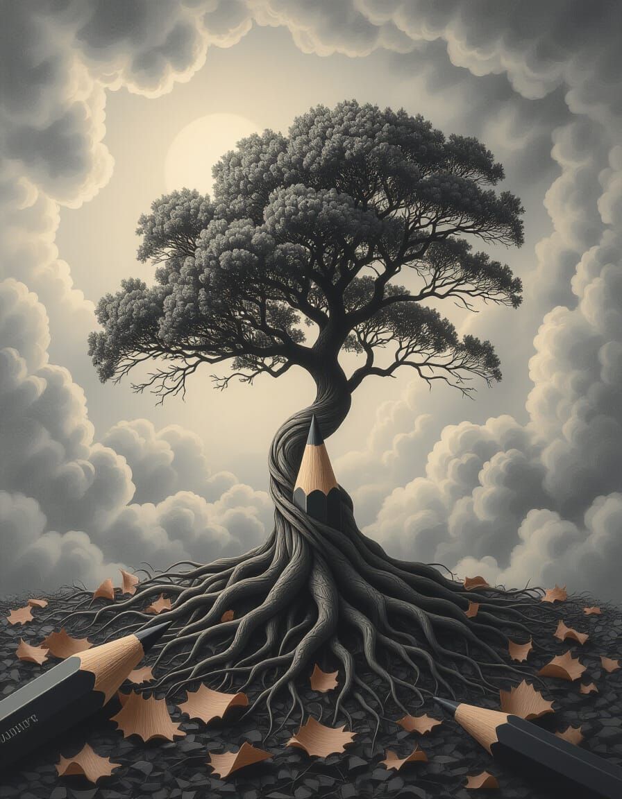 Pencil Transforms into Majestic Tree with Graphite Dust Sky