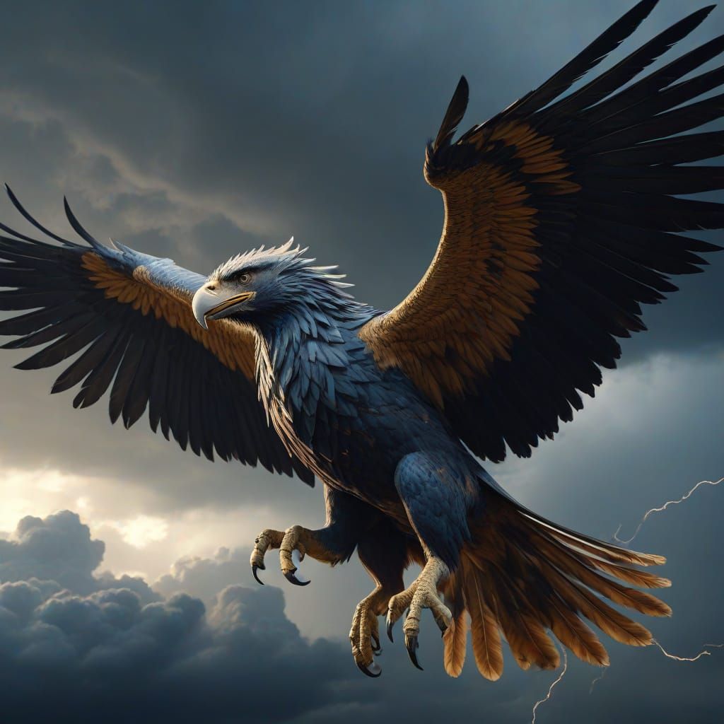Griffin Soars Through Stormy Sky in Cinematic Style