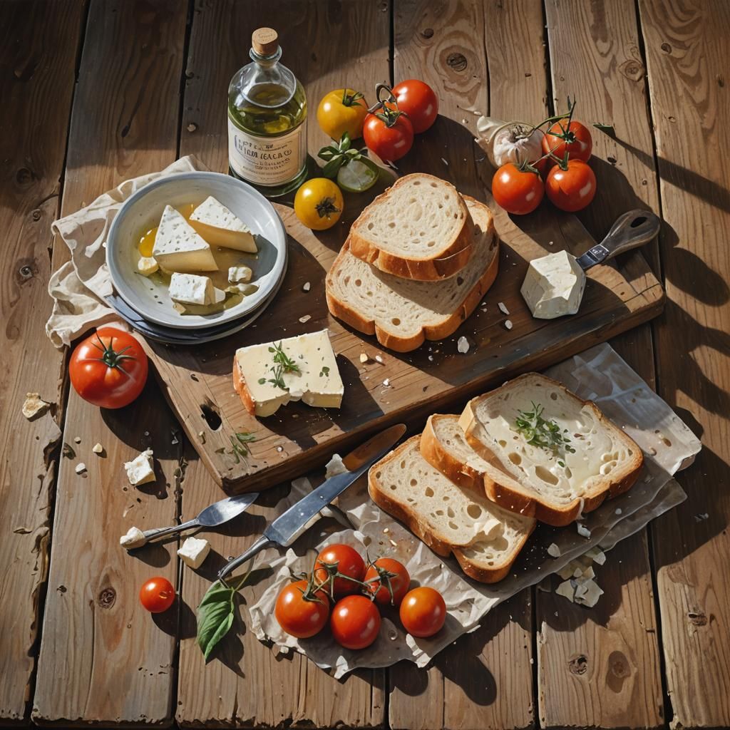 Hyperrealistic Farmer's Still Life with Bread and Cheese