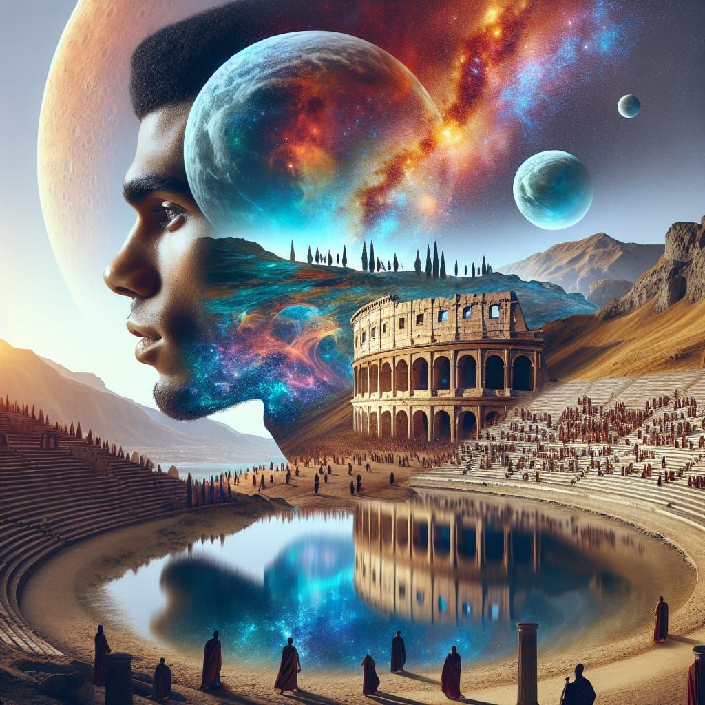 Generate a double exposure image combining a side profile portrait of a mixed-race male prisoner gladiator intertwined w...