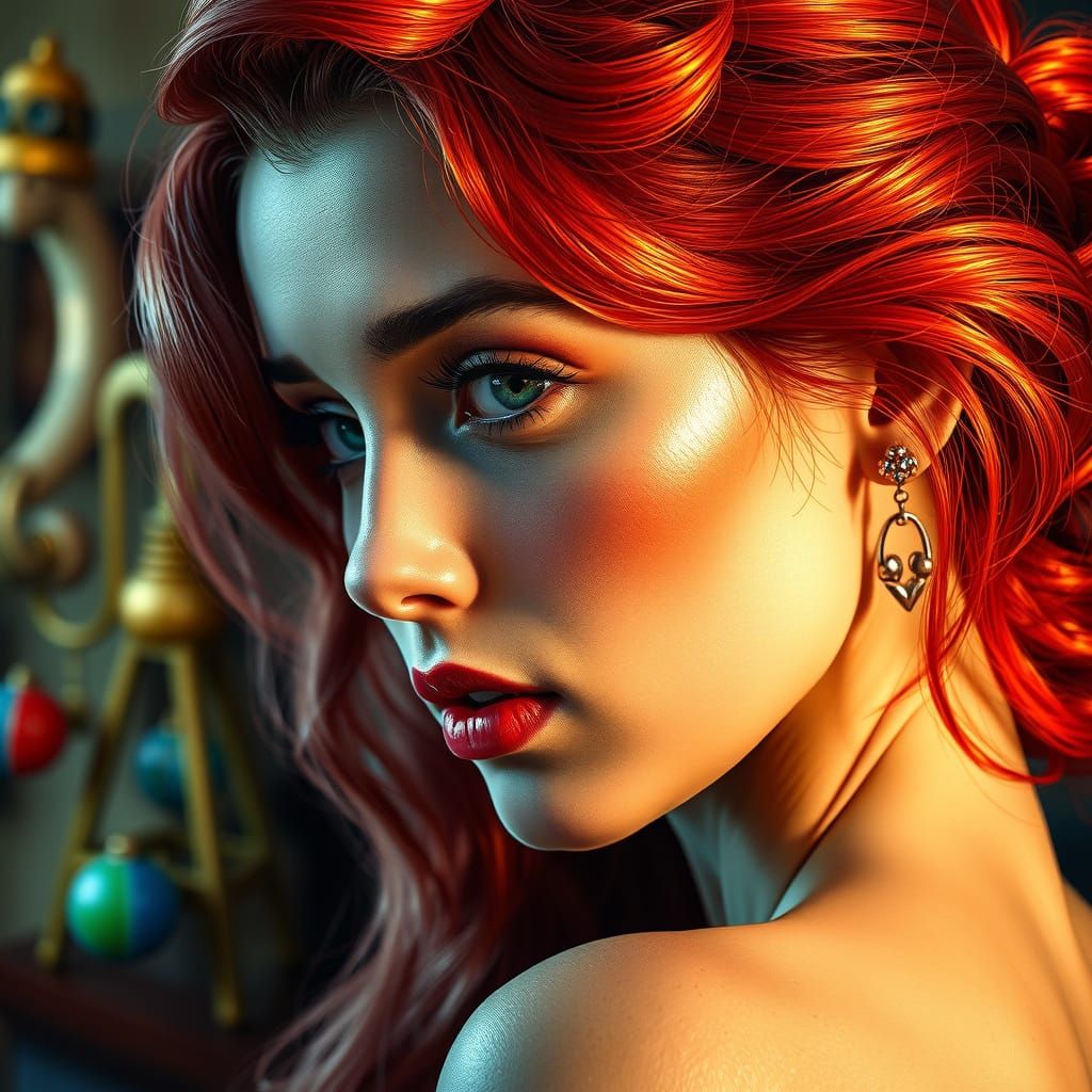 Hyperrealistic Retro Pin-Up Art of a Redheaded Beauty