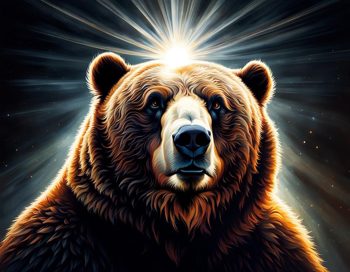 Ominous Fuzzy Bear Portrait with Glowing Sun Rays